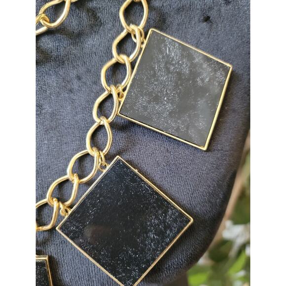 Women's Statement Gold Chunky Chain Necklace With Large Square Black Charms - Picture 4 of 7